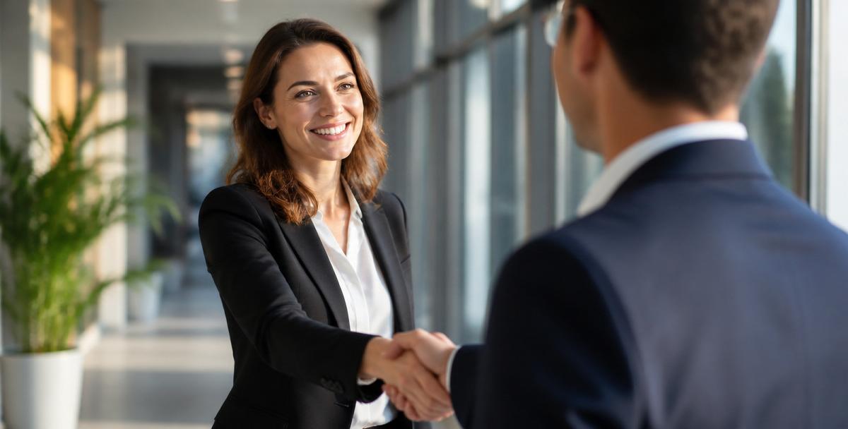 Two professionals shaking hands in a modern office corridor